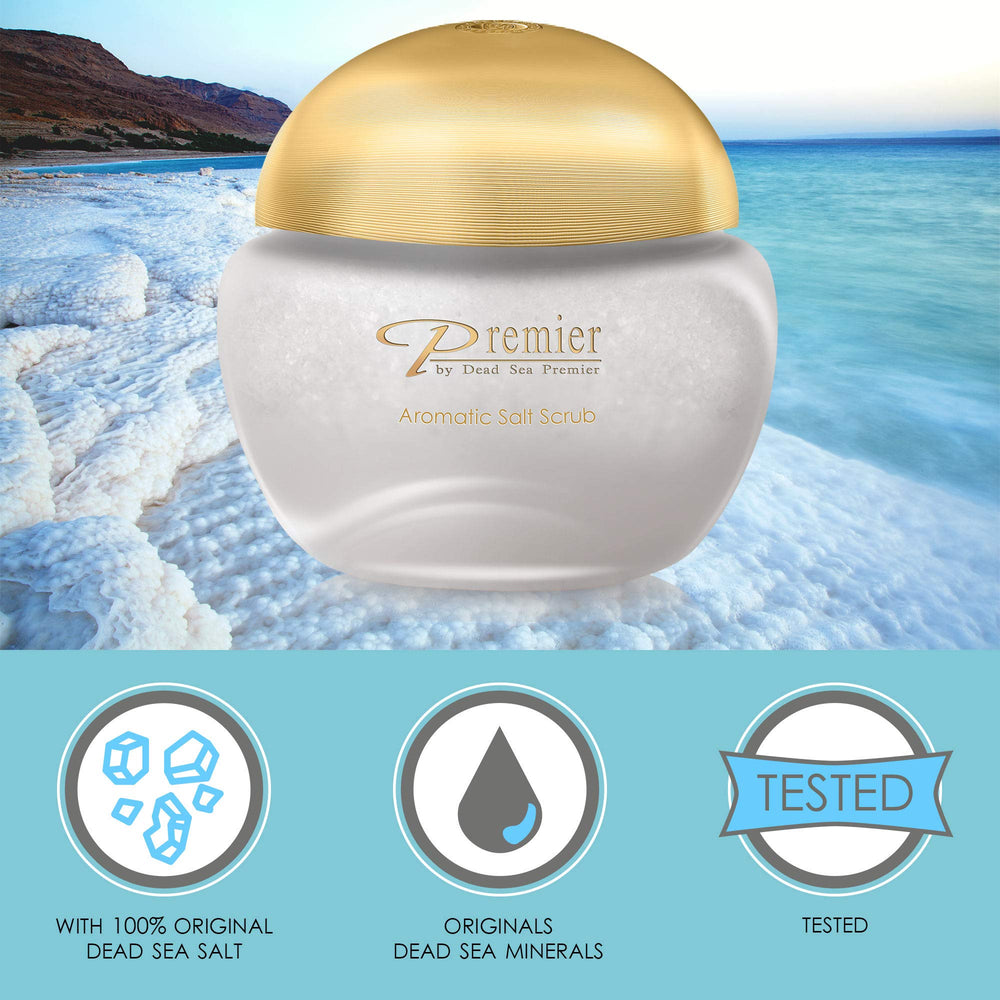 Premier Dead Sea Aromatic Salt Scrub packaging shot emphasizing gift-ready design and premium formula