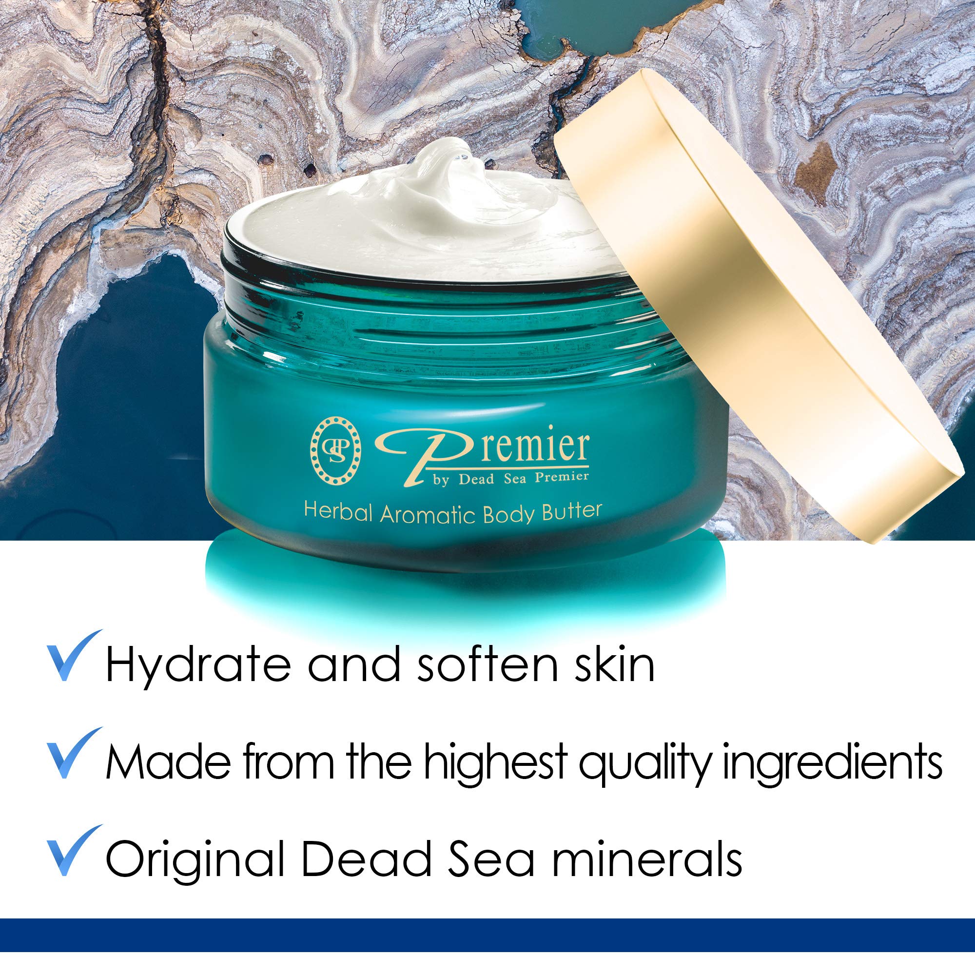 Premier Dead Sea Body Butter being applied for smooth, non-greasy absorption.