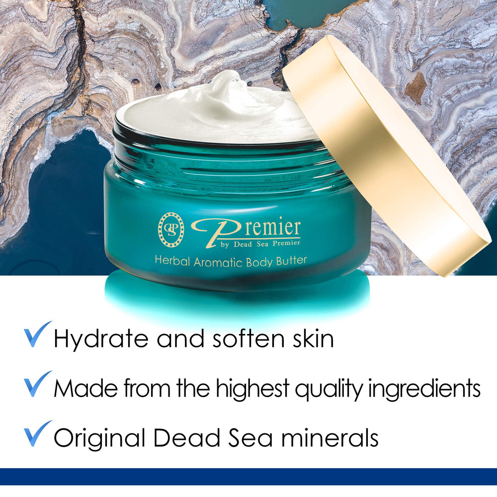 Premier Dead Sea Body Butter being applied for smooth, non-greasy absorption.