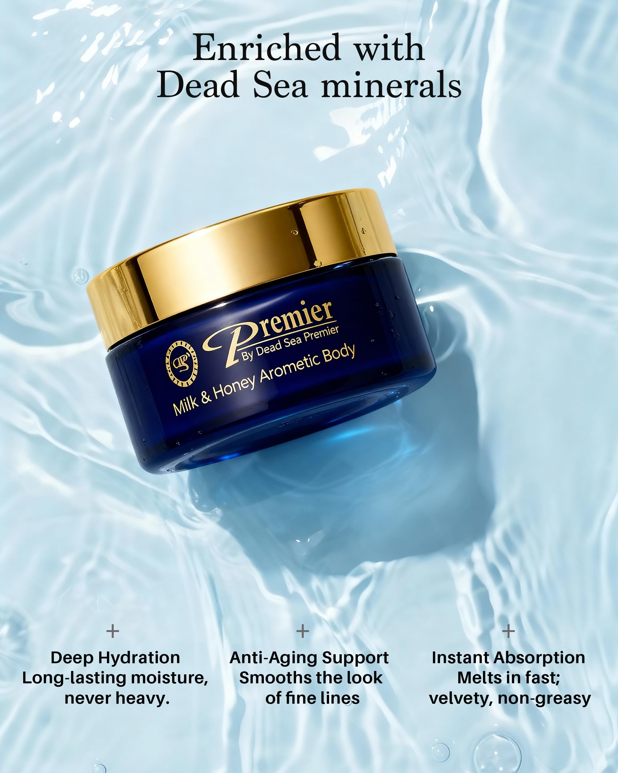 Premier Dead Sea Body Butter being applied on skin for a smooth, non-greasy finish.