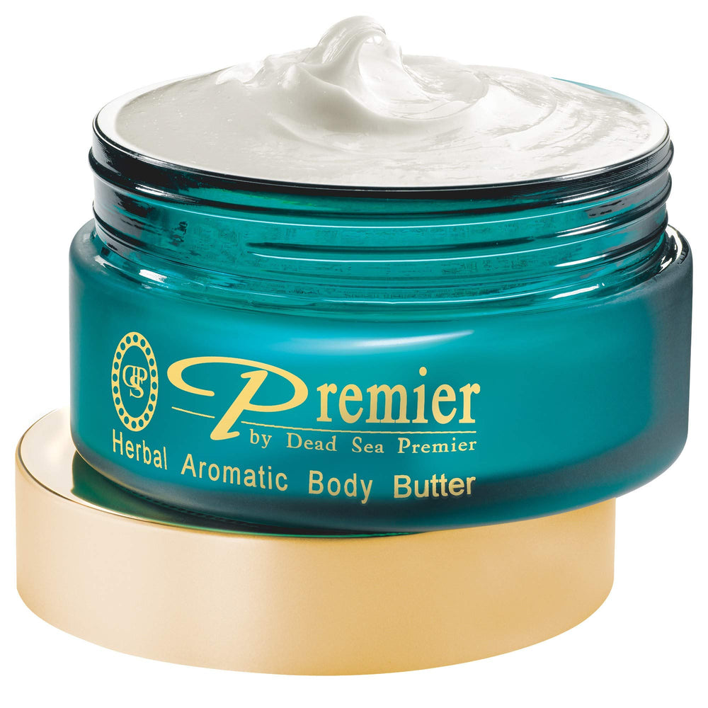 Premier Dead Sea Body Butter jar showing rich hydration for dry skin.