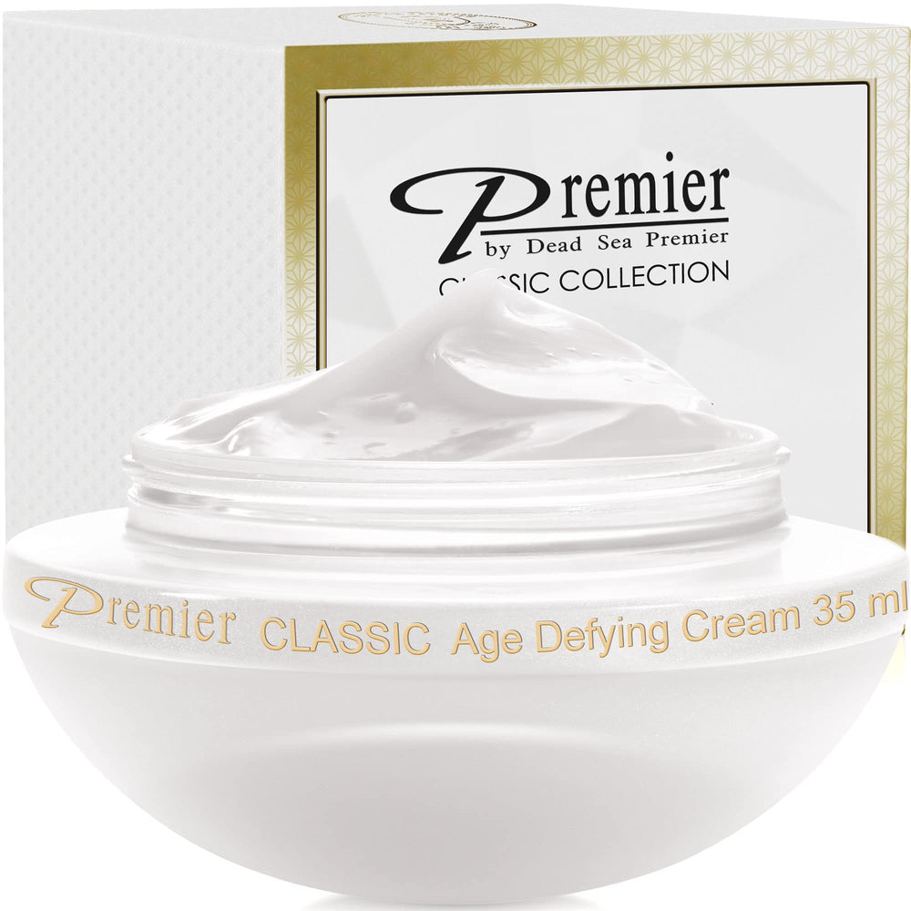 Premier Dead Sea Classic Cream jar closeup showing smooth texture for daily anti-aging care.