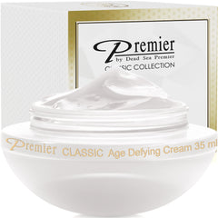 Premier Dead Sea Classic Cream jar closeup showing smooth texture for daily anti-aging care.