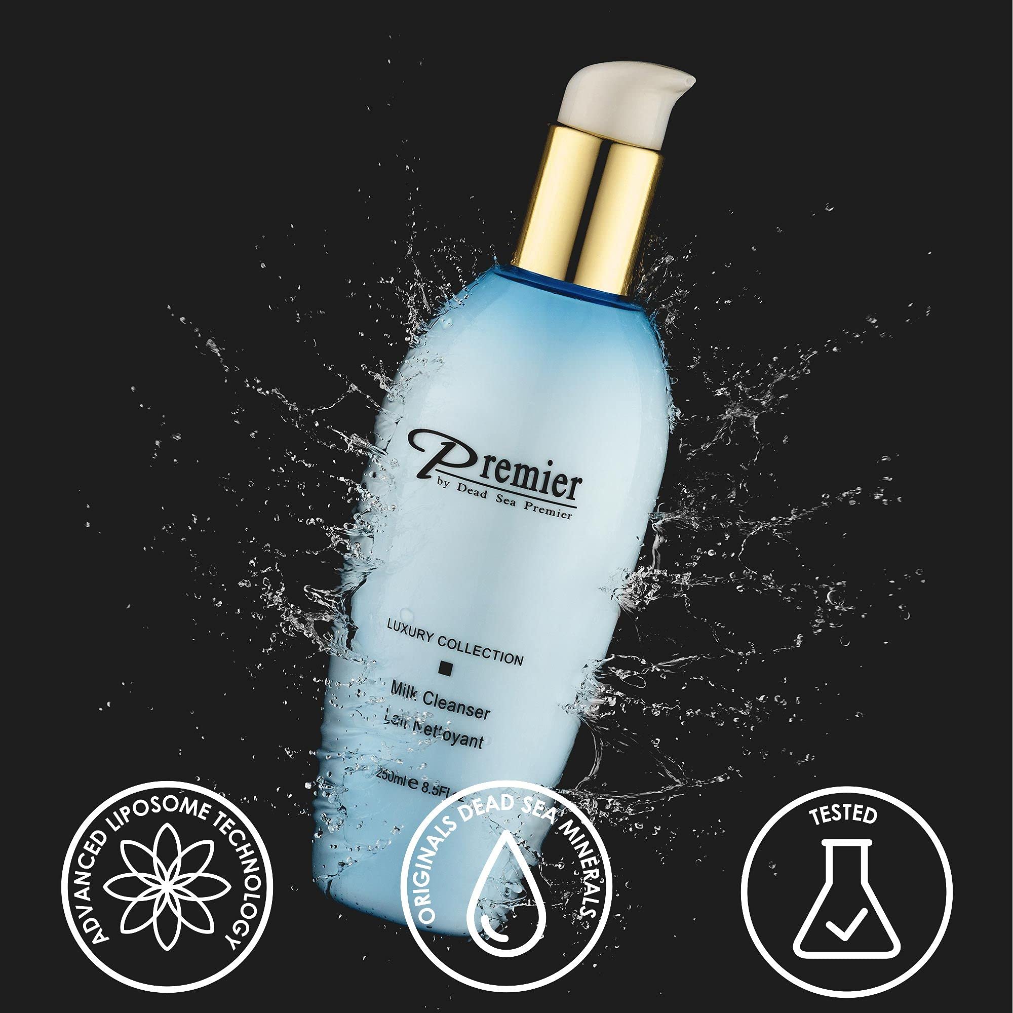 Premier Dead Sea Cleansing Milk ingredients card shows natural formulations.