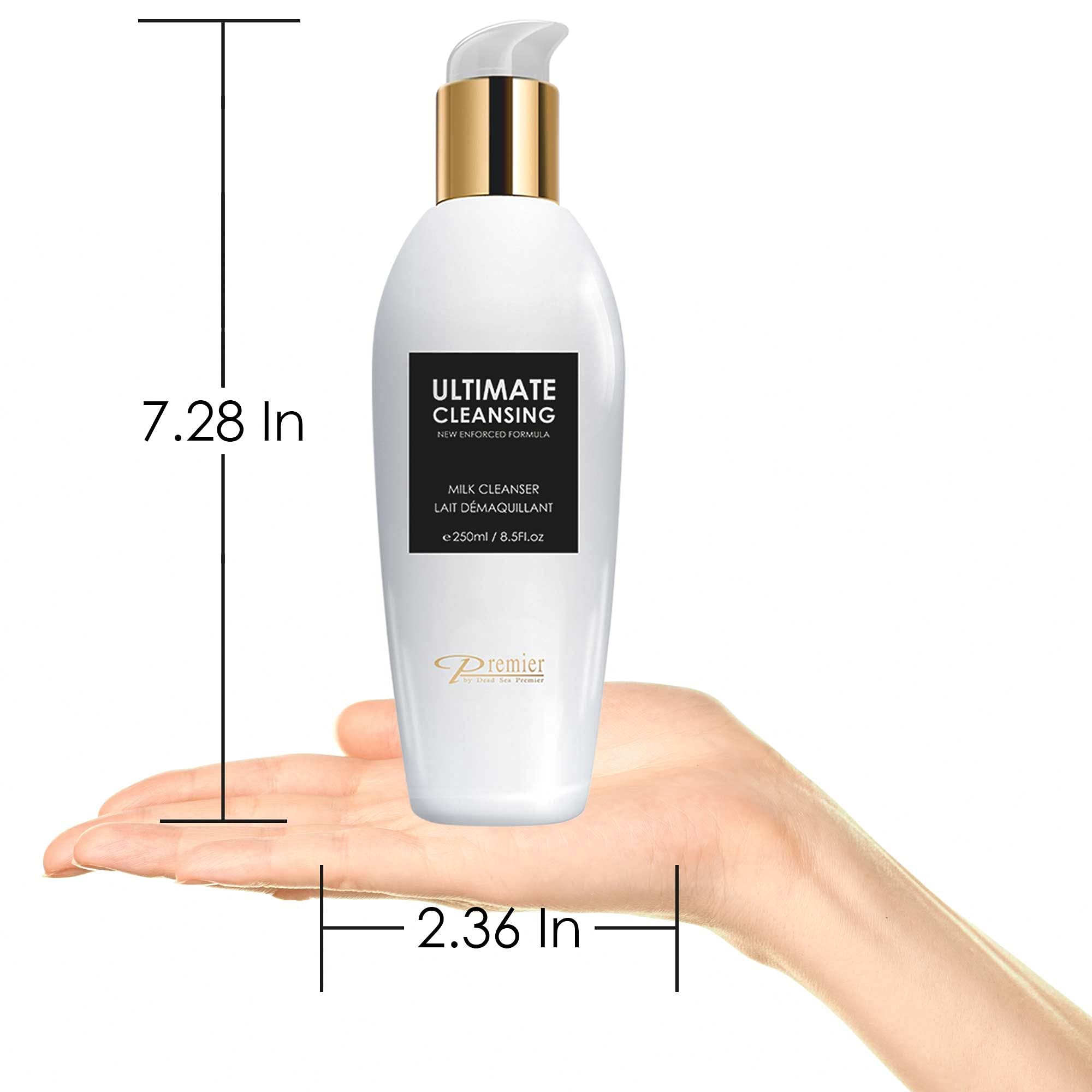 Premier Dead Sea Cleansing Milk pump enables easy, mess-free makeup removal.