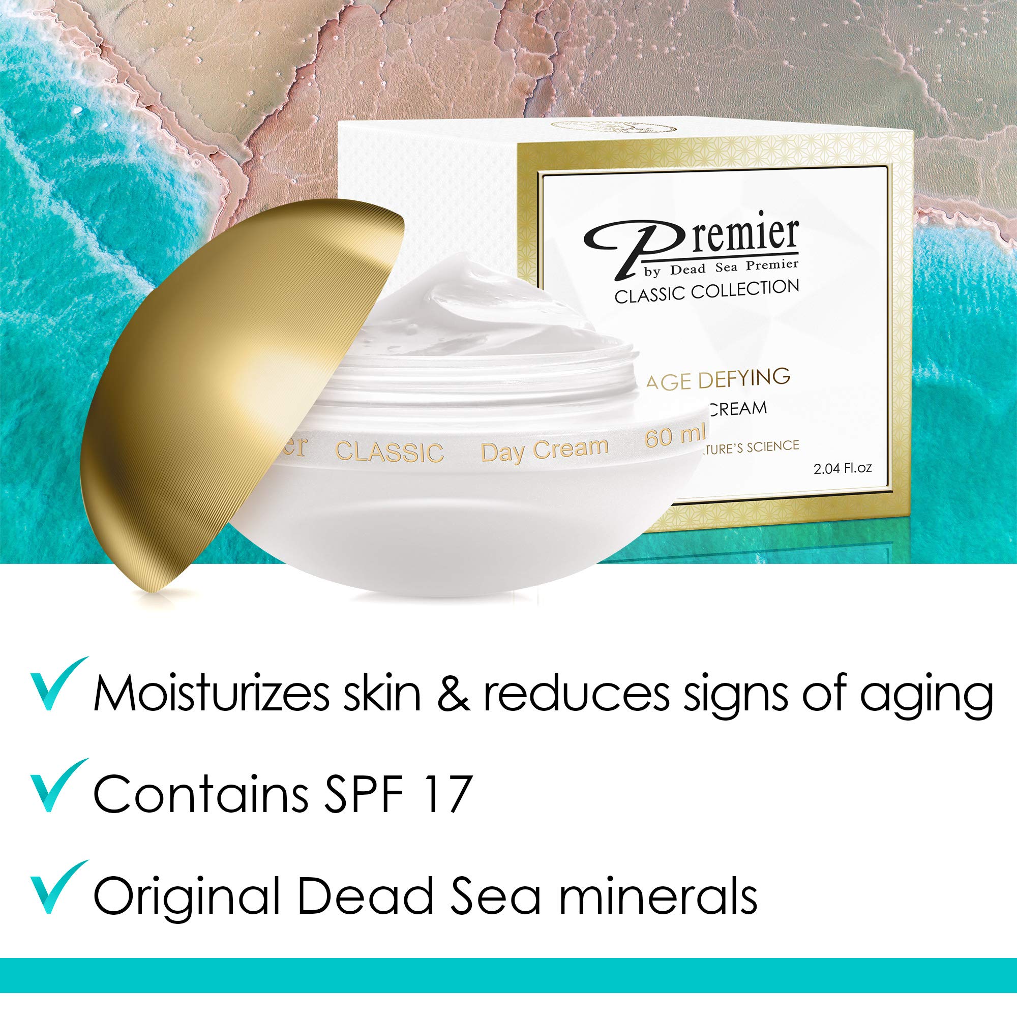 Premier Dead Sea Day Cream packaging front with SPF 17 for sun protection.