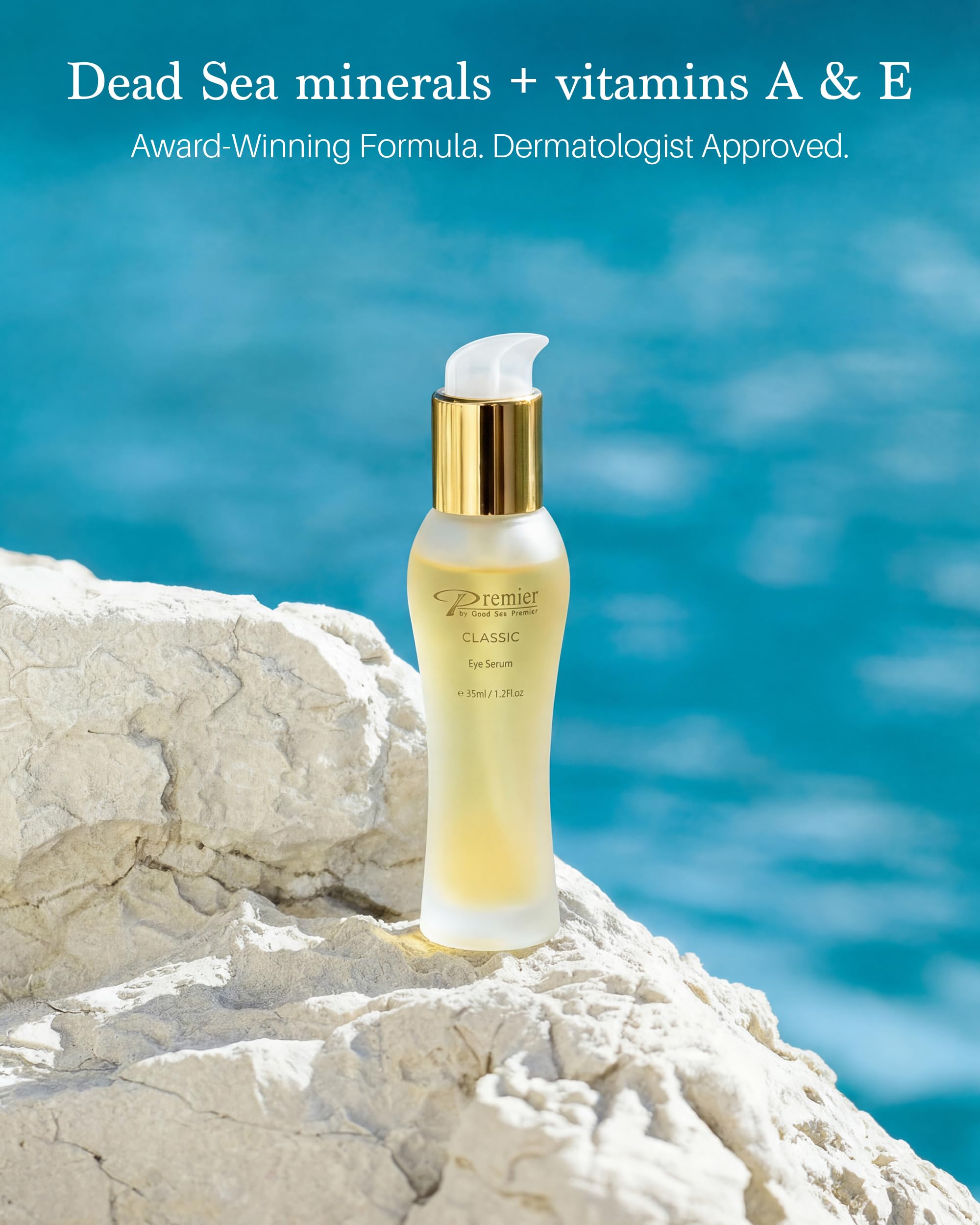 Premier Dead Sea Eye Serum packaging and outer box highlighting minerals.