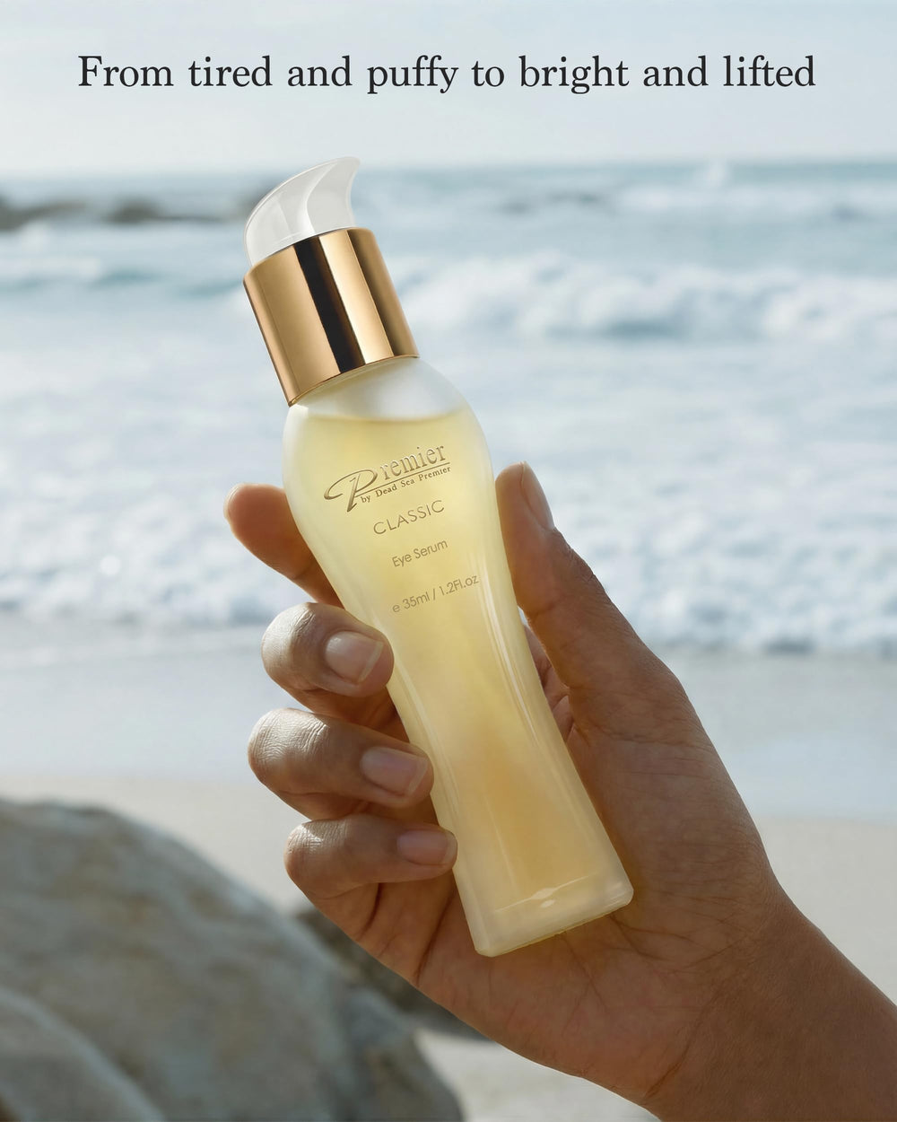 Premier Dead Sea Eye Serum on vanity elevates nightly skincare routine.