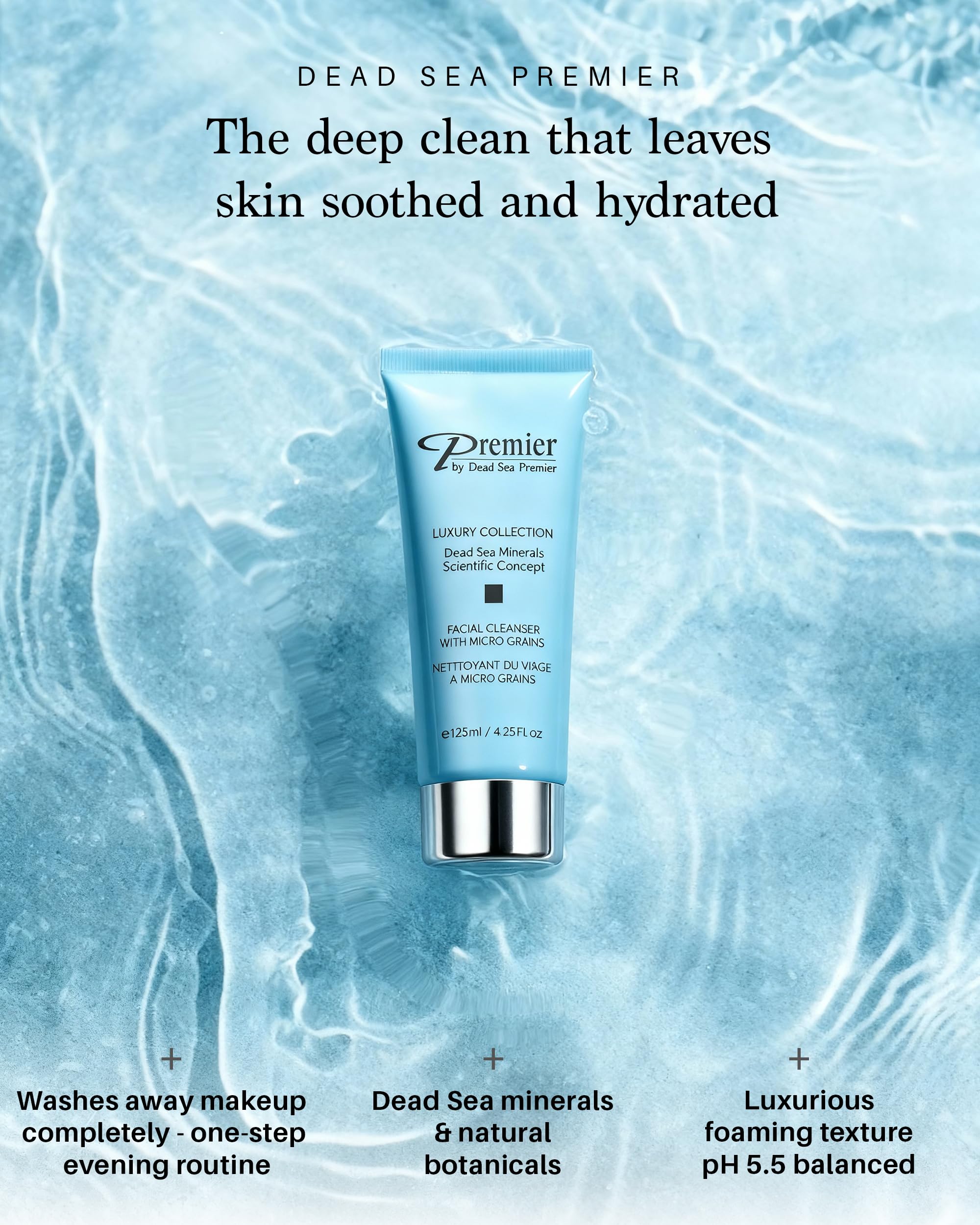 Graphic of Premier Dead Sea Cleanser ingredients highlighting aloe vera and witch hazel.
