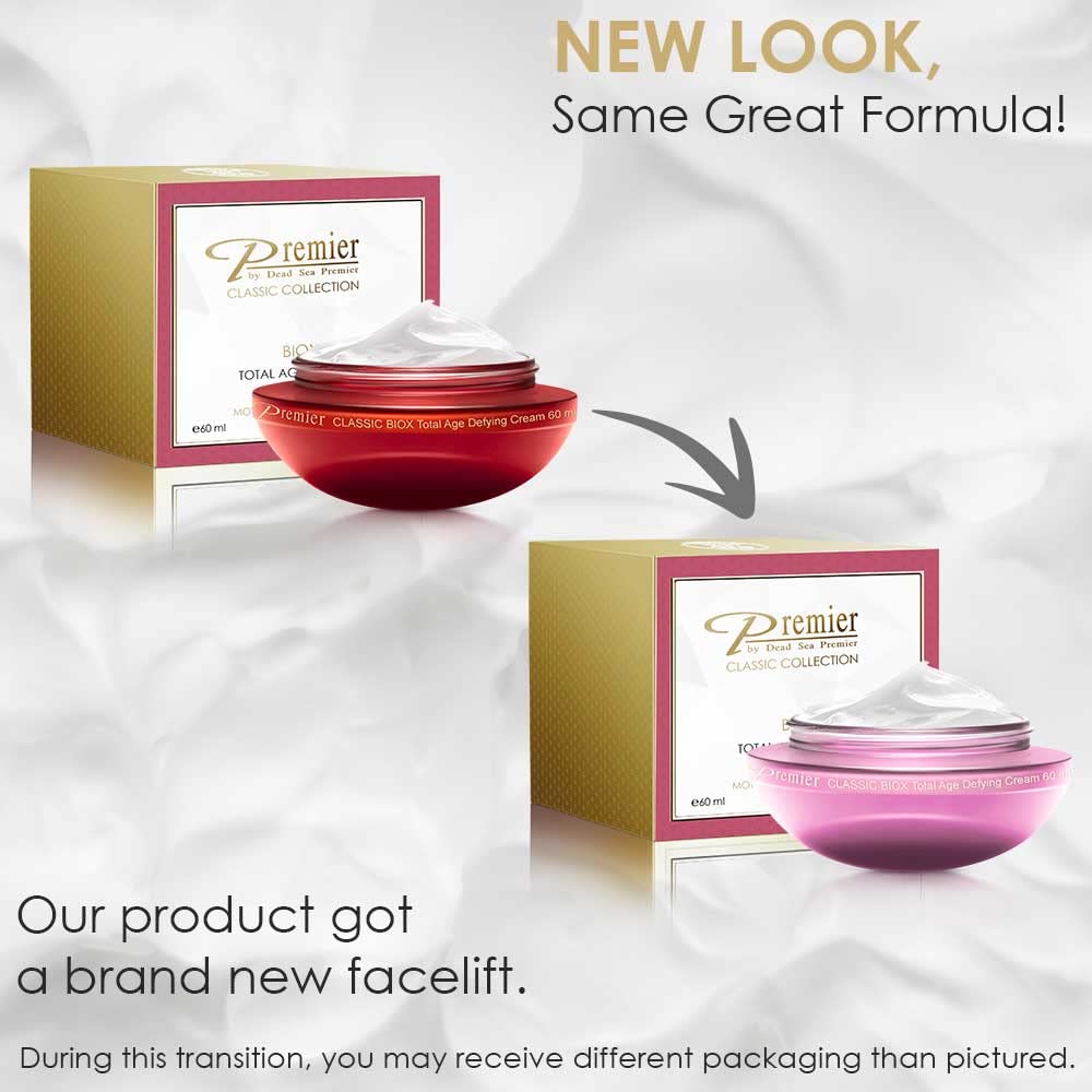 Premier Dead Sea minerals and aloe vera imagery emphasize soothing skincare