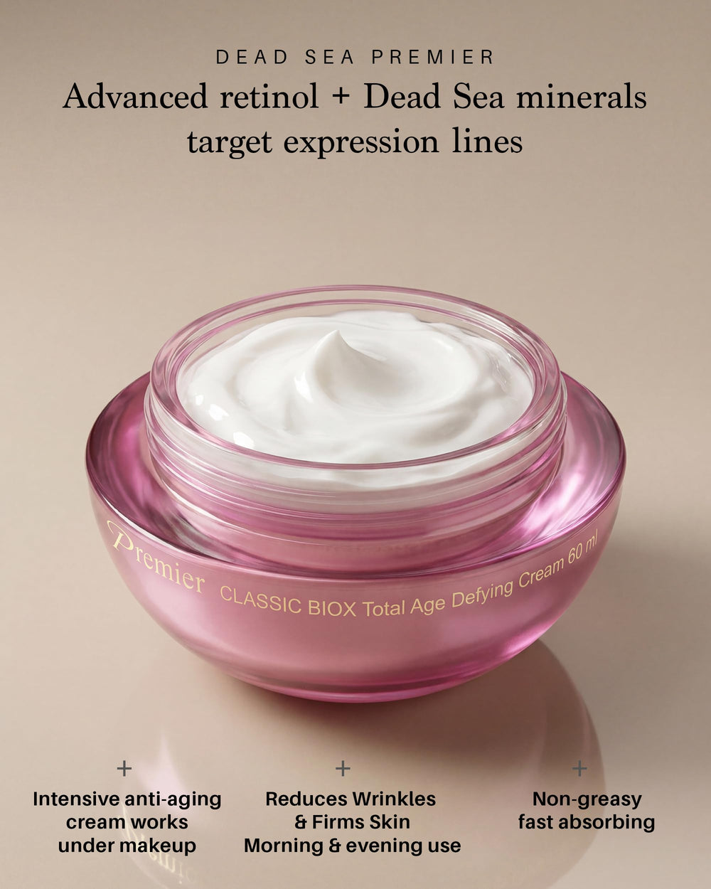Premier Dead Sea minerals bottle highlighting natural ingredients and premium skincare