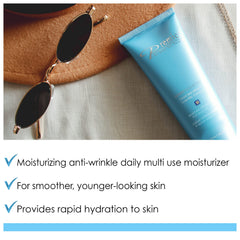 Texture close-up shows a lightweight cream with quick absorption.