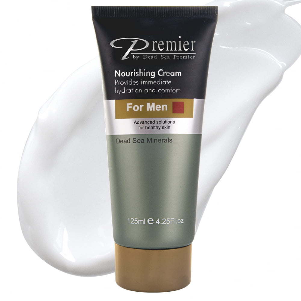 Premier Dead Sea Nourishing Cream for Men bottle close-up highlighting lightweight texture and quick absorption