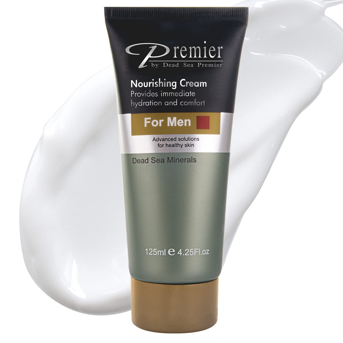 Premier Dead Sea Nourishing Cream for Men bottle close-up highlighting lightweight texture and quick absorption