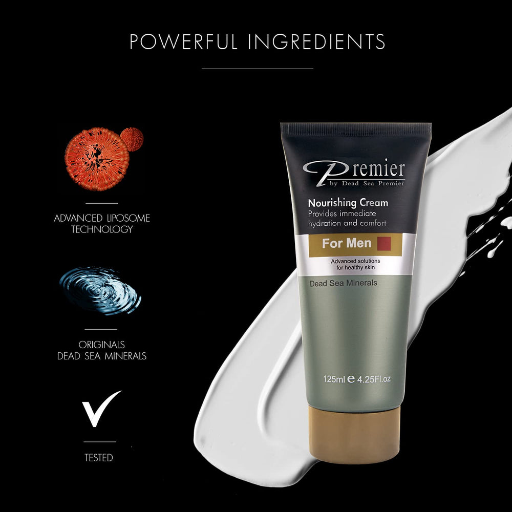 Premier Dead Sea Nourishing Cream for Men texture during application shows smooth, hydrated skin