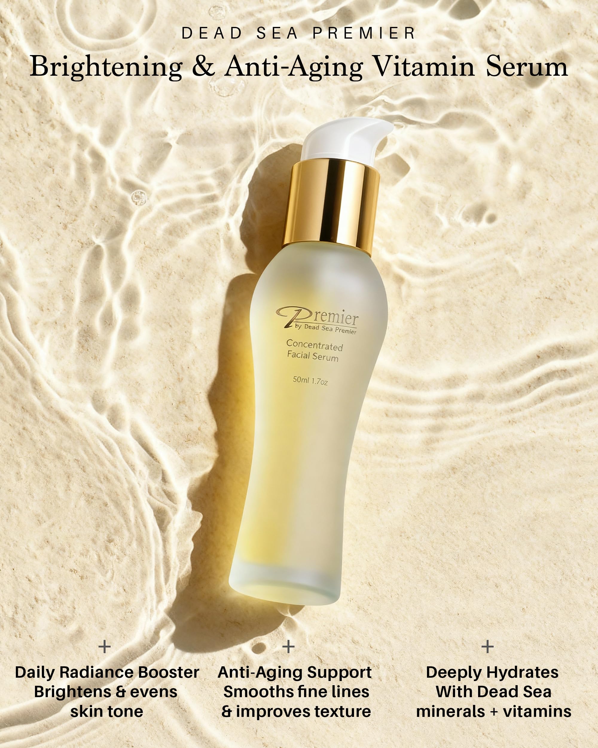 Premier Dead Sea Vitamin C Serum label closeup highlighting antioxidant ingredients.