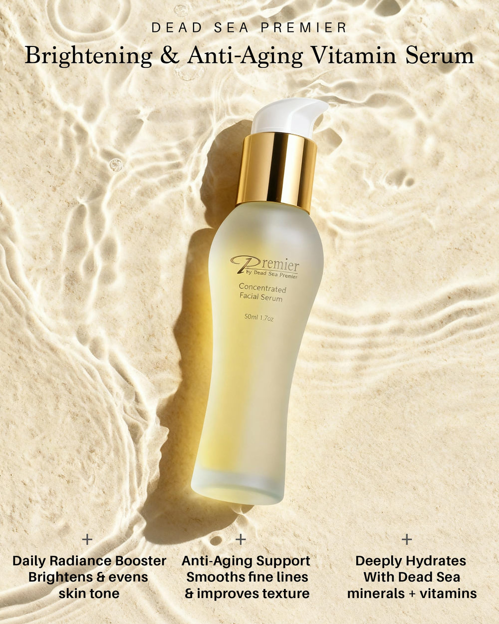 Premier Dead Sea Vitamin C Serum label closeup highlighting antioxidant ingredients.