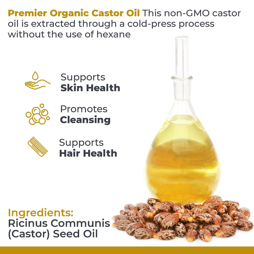 Premier Research Labs organic castor oil bottle used as facial cleanser.