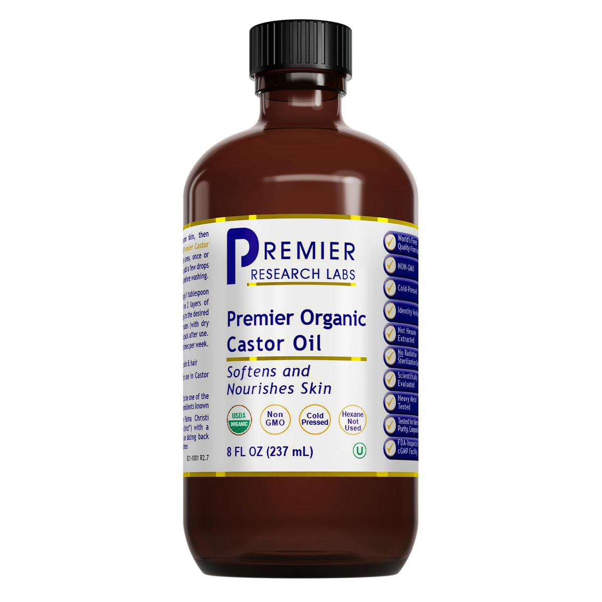 Premier Research Labs organic castor oil bottle pour for clean skincare routine.