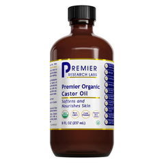 Premier Research Labs organic castor oil bottle pour for clean skincare routine.