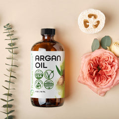 Pourable argan oil texture emphasizes light, non-greasy feel for quick use