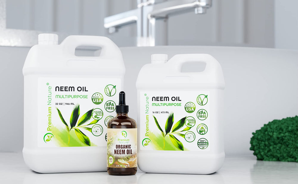 Premium Nature Neem oil for hair care helps moisturize and smooth strands.