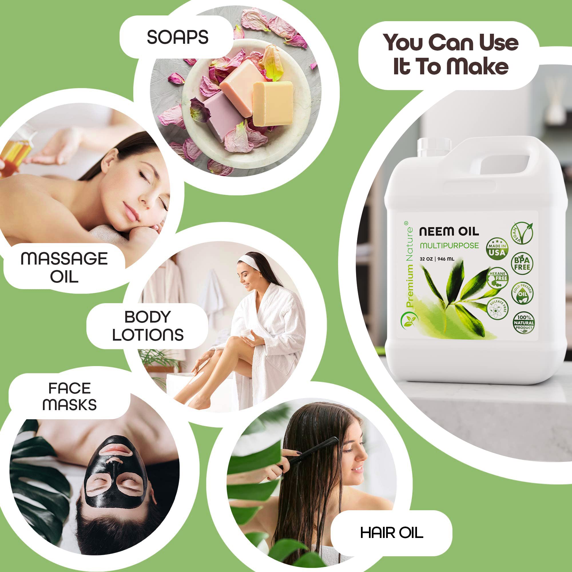 Premium Nature Neem oil for skin care nourishes dry skin with antioxidants.
