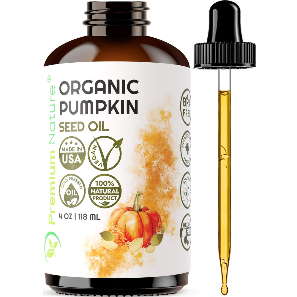 Premium Nature Pumpkin Seed Oil bottle pour for easy skin application.