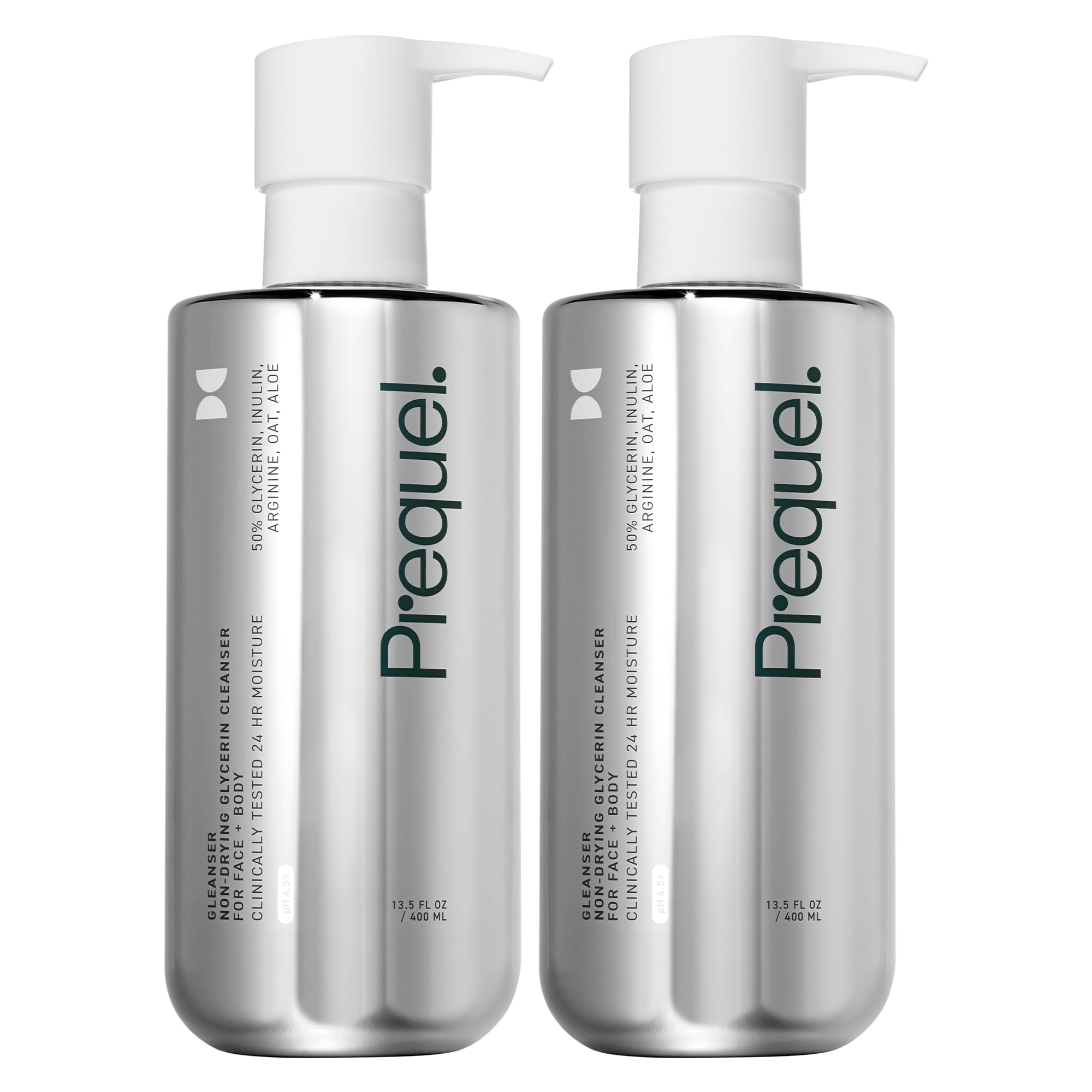 Prequel Gleanser bottle with pump for unscented, hydrating daily cleansing.