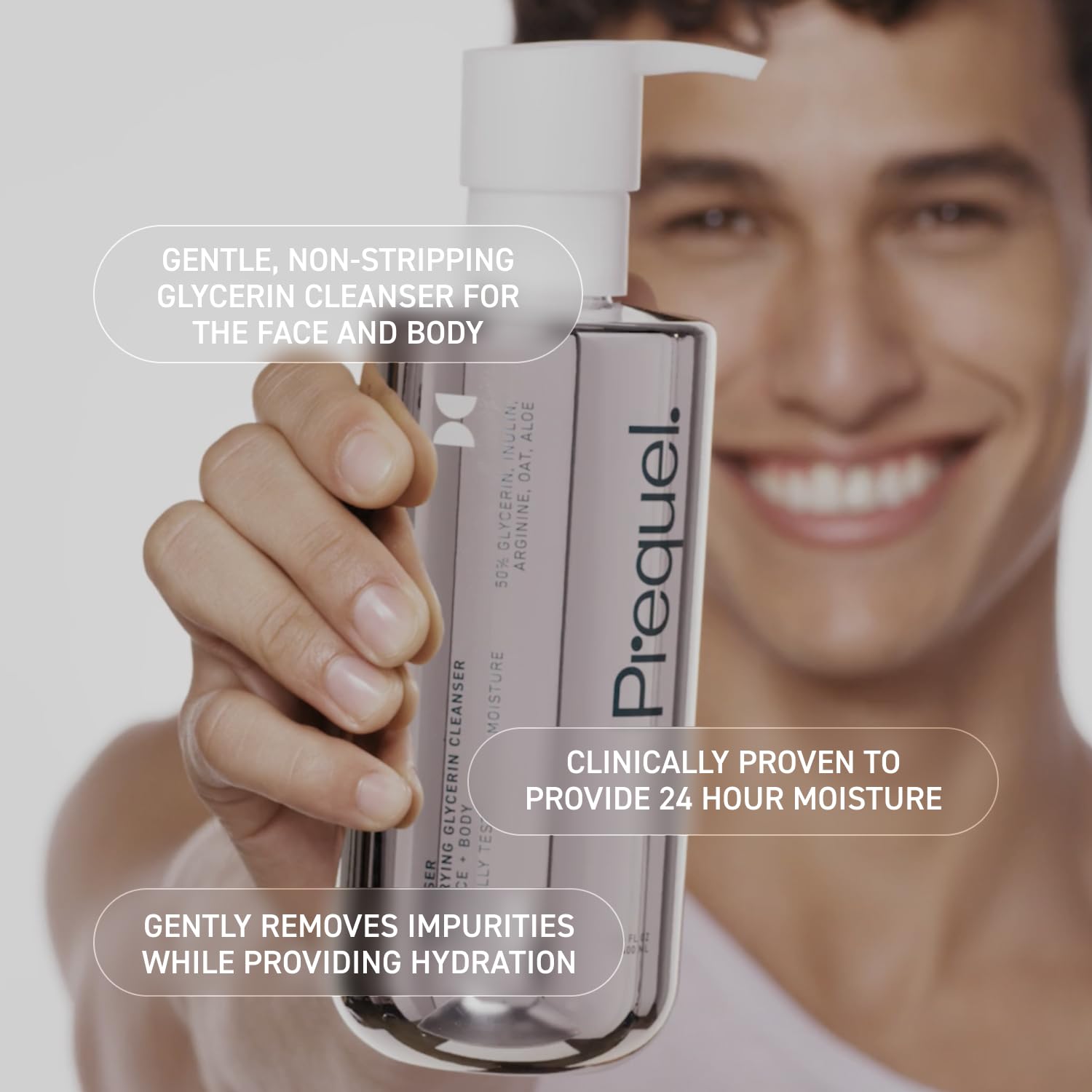 Illustration hints at arginine, oat extract, and aloe supporting dry skin with Gleanser.
