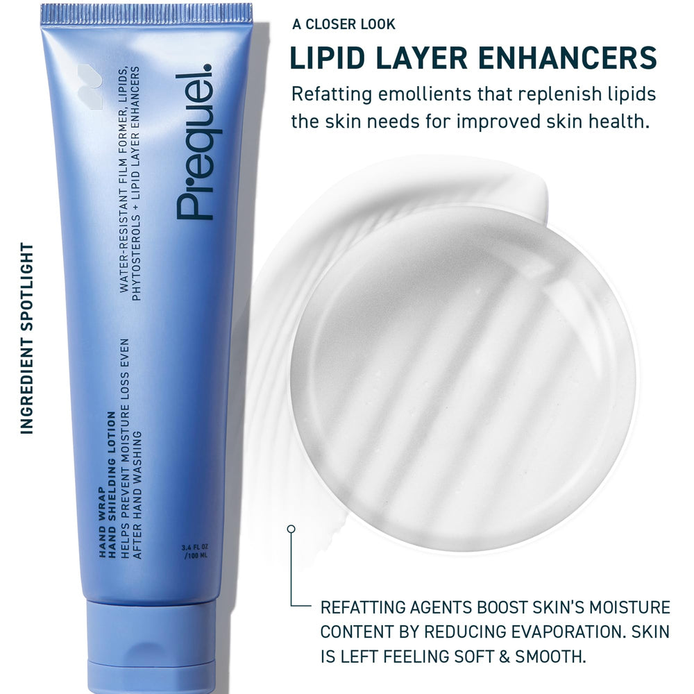 Prequel Skin Hand Wrap texture close-up shows non-greasy, fast-absorbing cream