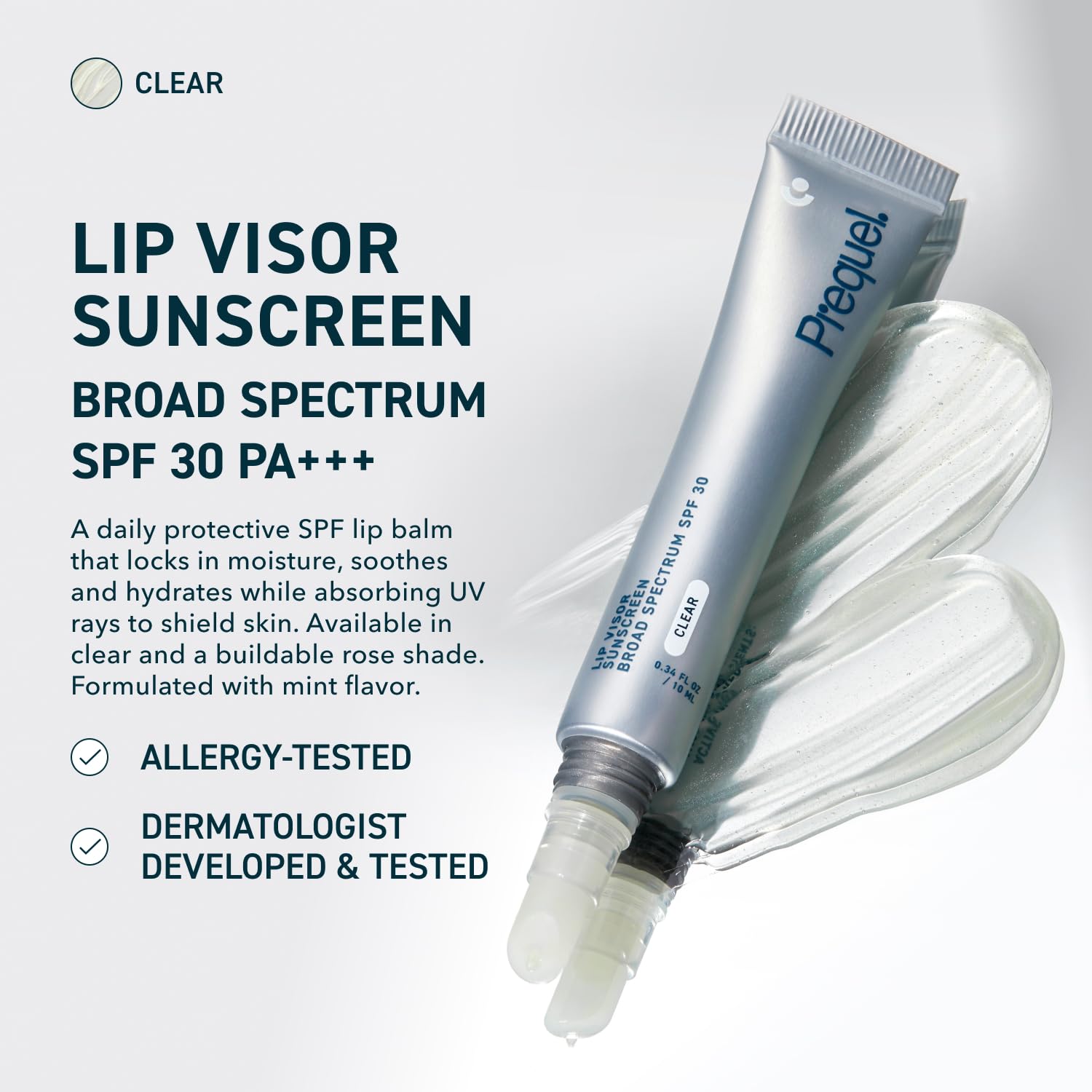 Prequel Skin Lip Visor in hand, hydrating, non-sticky SPF 30 formula.