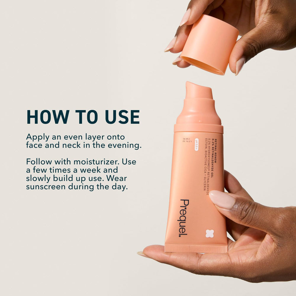 Prequel Skin Retinal Renew fragrance-free label, pH-stable formula for calm skin.