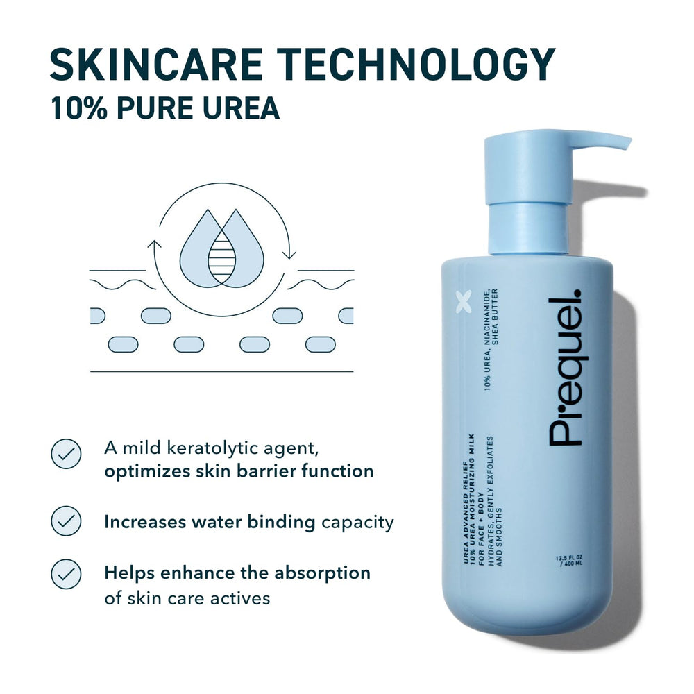 Prequel Skin Urea Advanced Relief Milk hands application shows nourishing, fragrance-free moisturizing ritual.