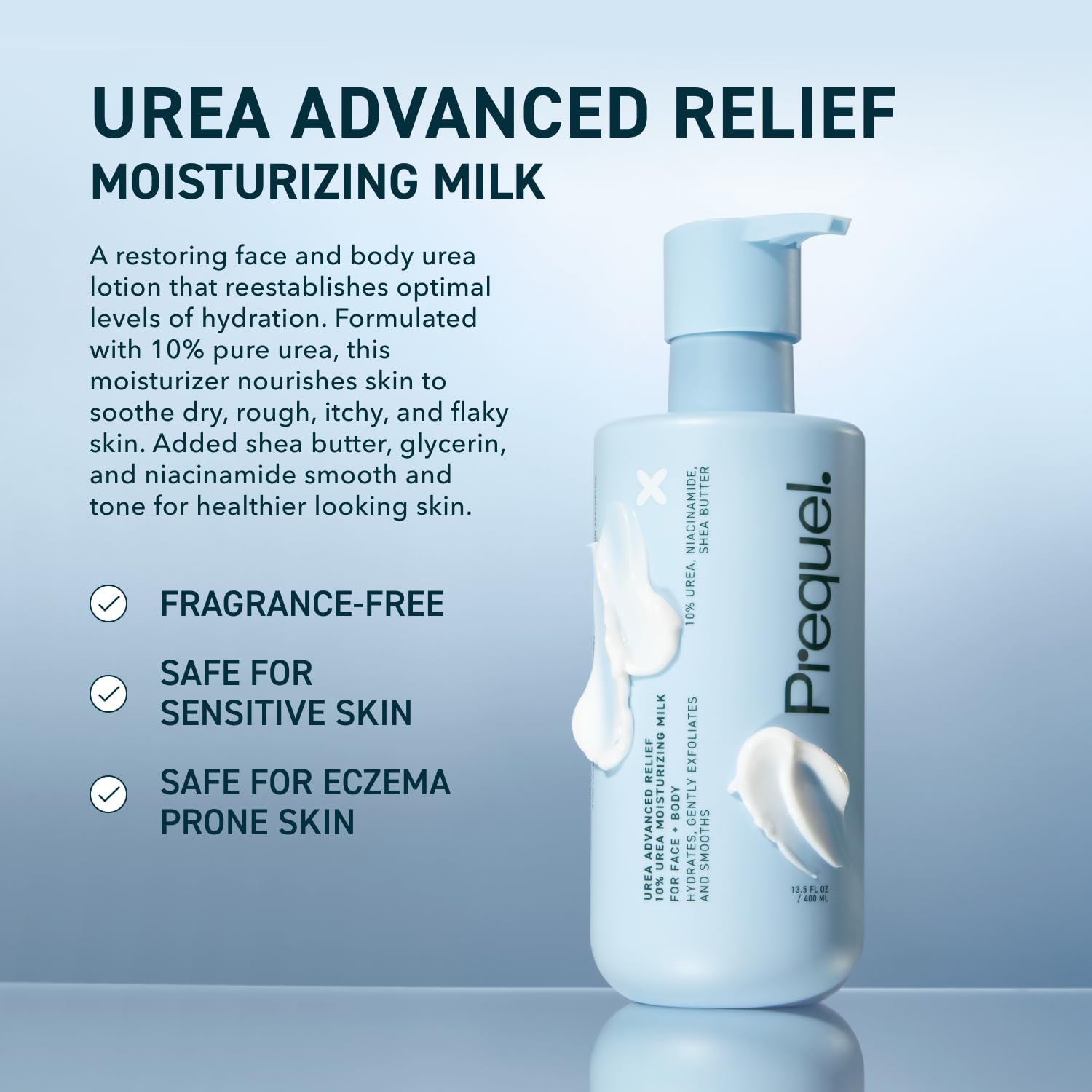 Prequel Skin Urea Advanced Relief Milk label closeup highlights 10% urea for moisture retention.
