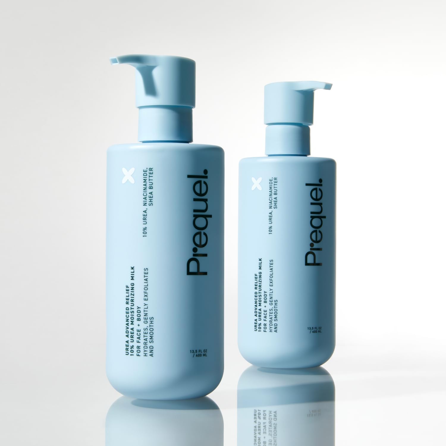 Prequel Skin Urea Advanced Relief Milk duo-pack display on shelf showcases unscented hydration.