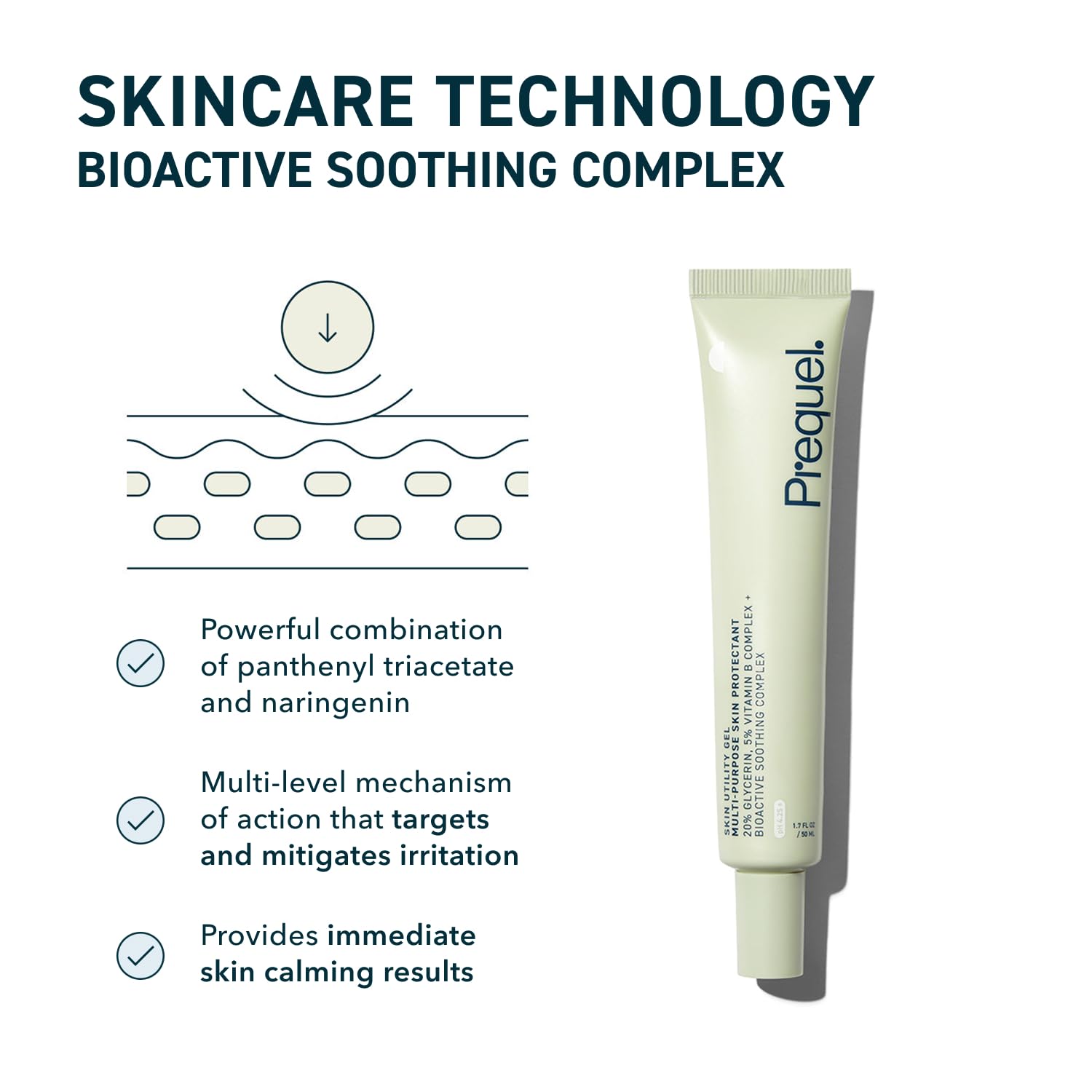 Prequel Skin Utility Gel used on face for calm hydration.