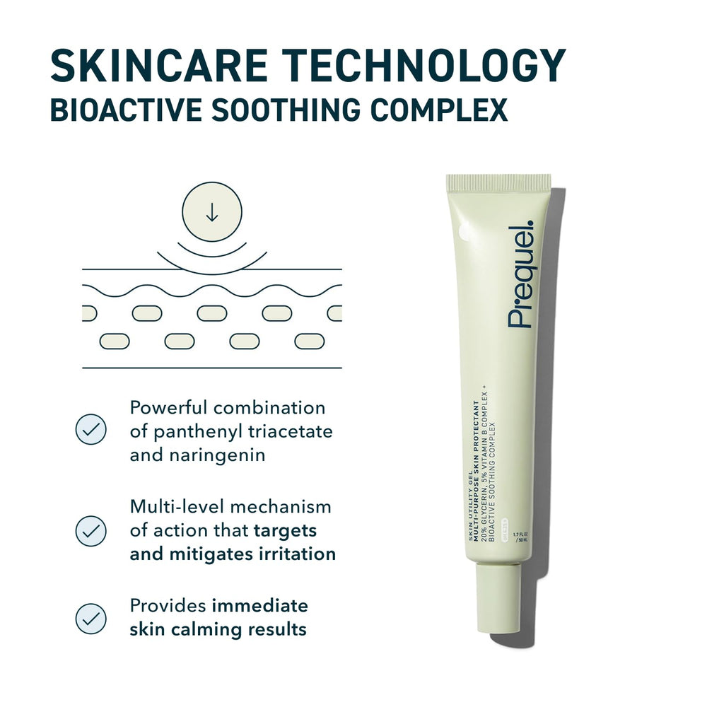 Prequel Skin Utility Gel used on face for calm hydration.