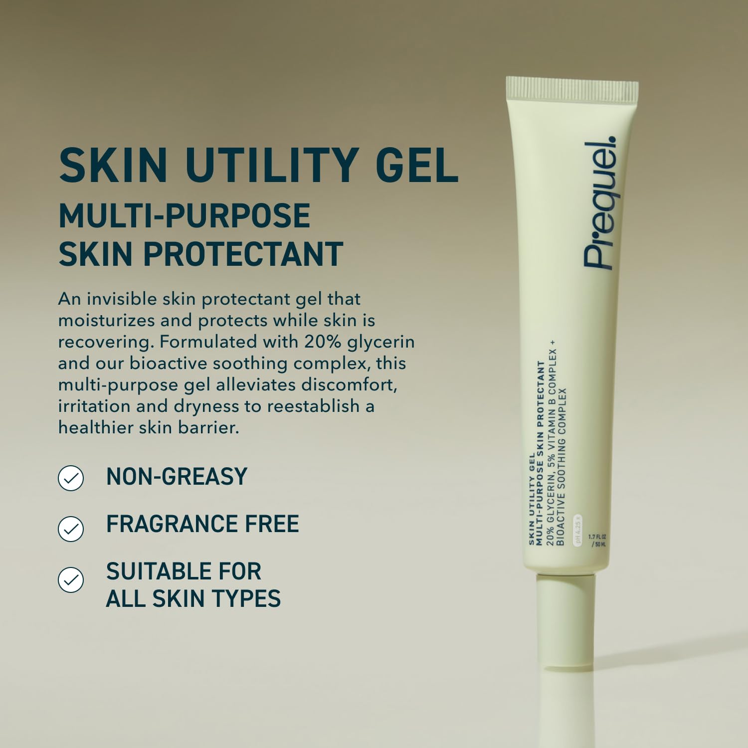 Close-up of Prequel Skin Utility Gel texture highlighting non-greasy absorption.