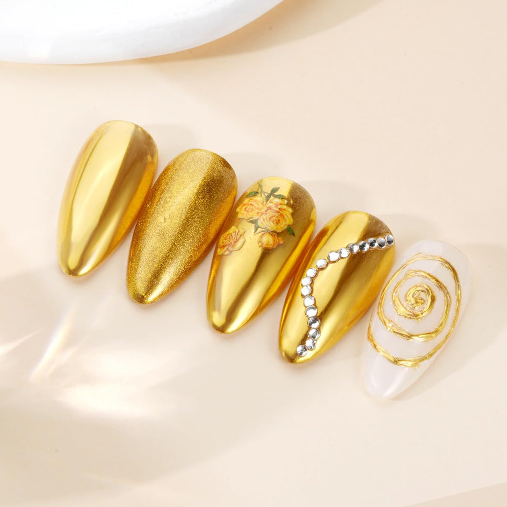 PrettyDiva chrome powder applied to UV gel nails for metallic shine