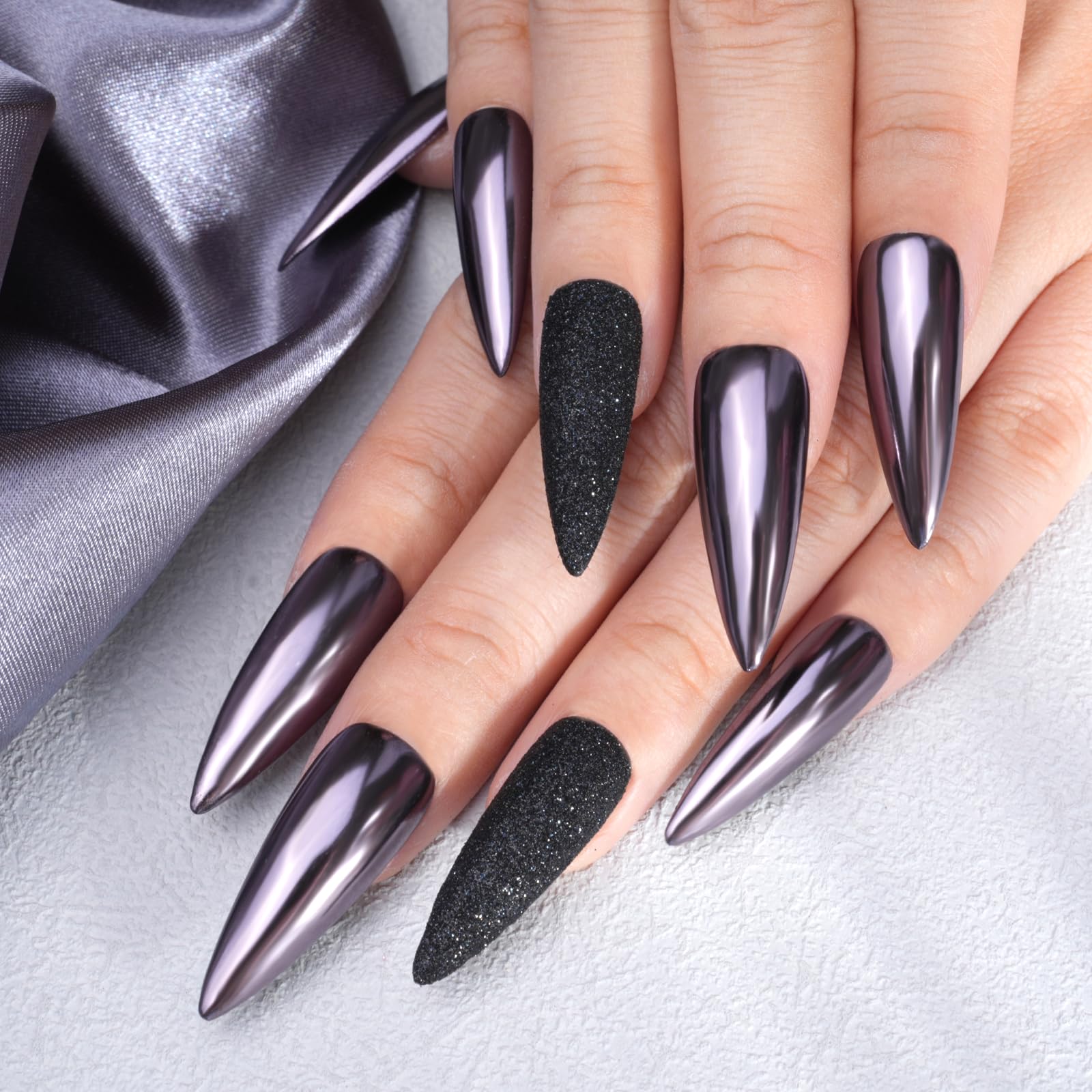 Pretty Diva finish on fingertips demonstrates versatile nail effects for salon and at-home use.