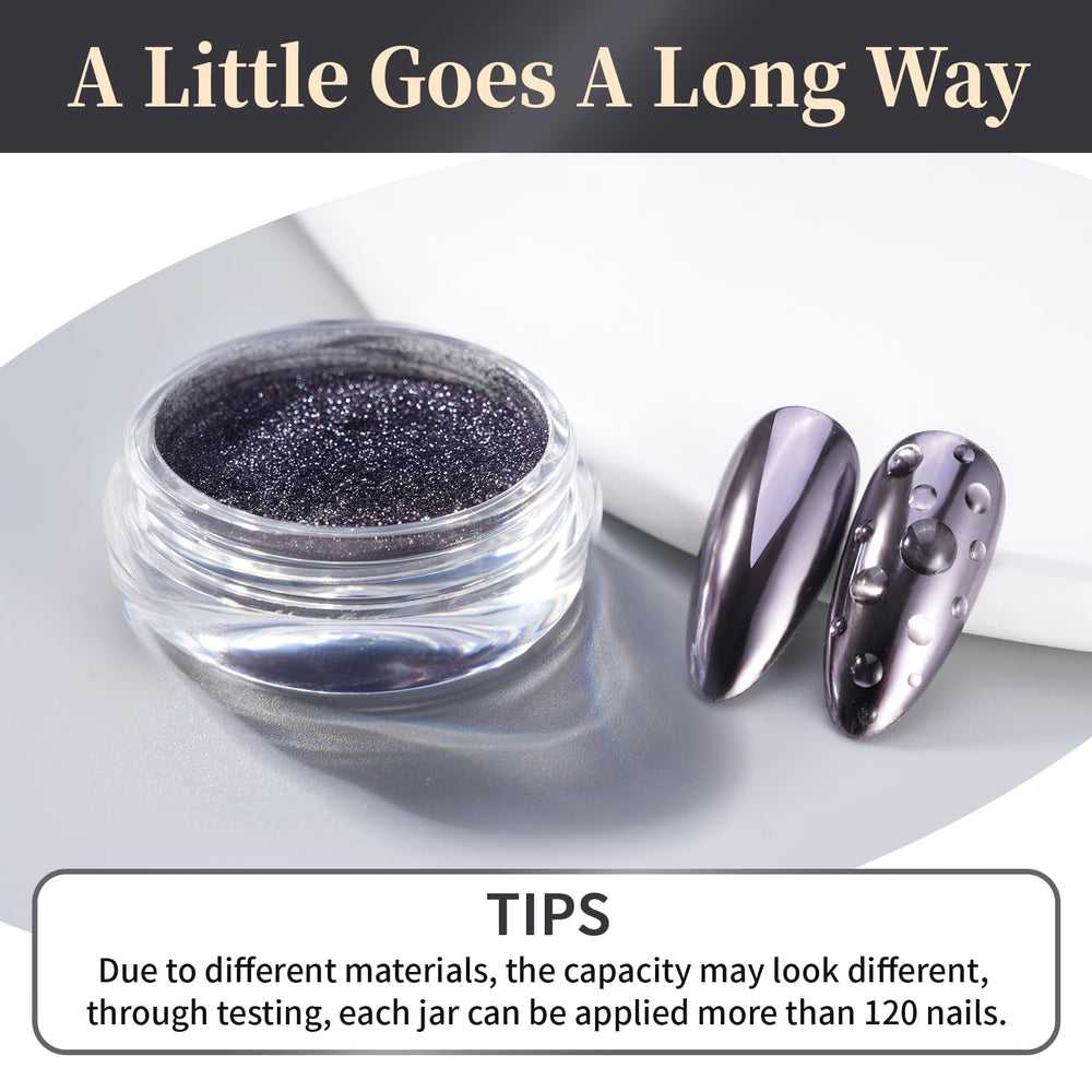 Pretty Diva chrome powder on nail swatches creates reflective metallic effects.