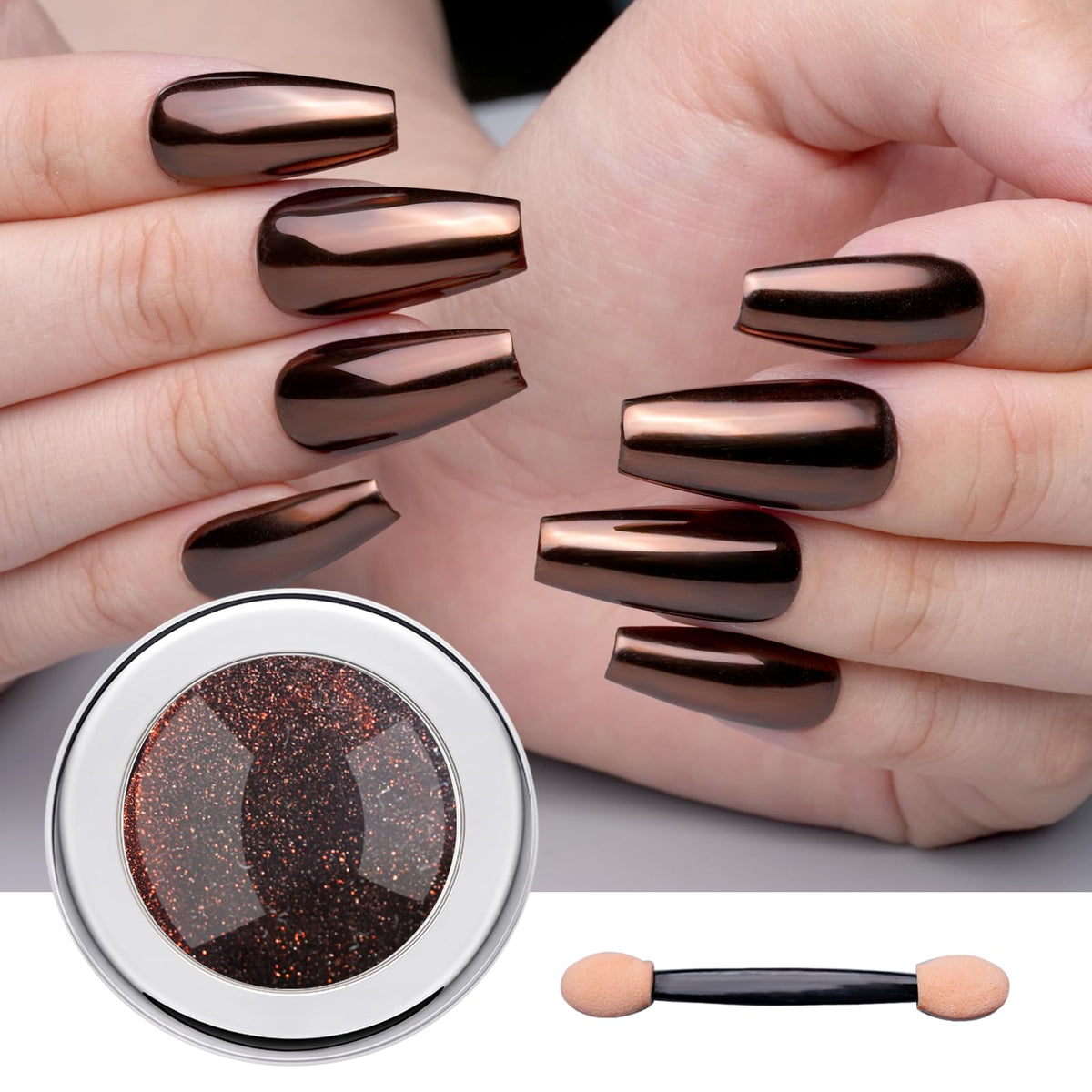 Pretty Diva coffee chocolate chrome powder bottle for a luxe brown metallic finish