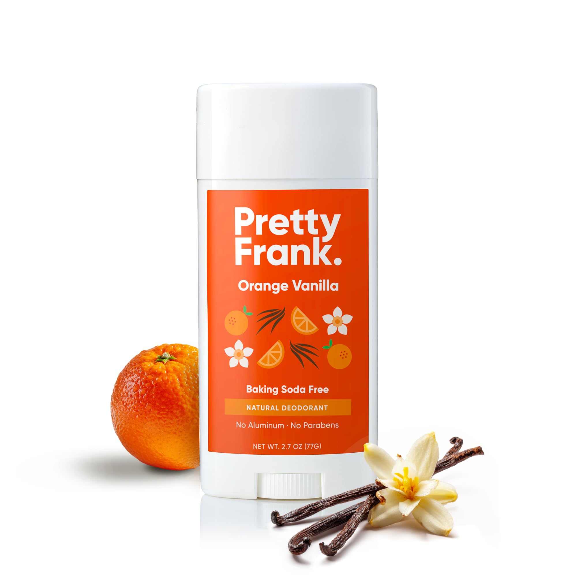 Pretty Frank Orange Vanilla deodorant stick for all-day odor control with a refreshing citrus-vanilla scent.