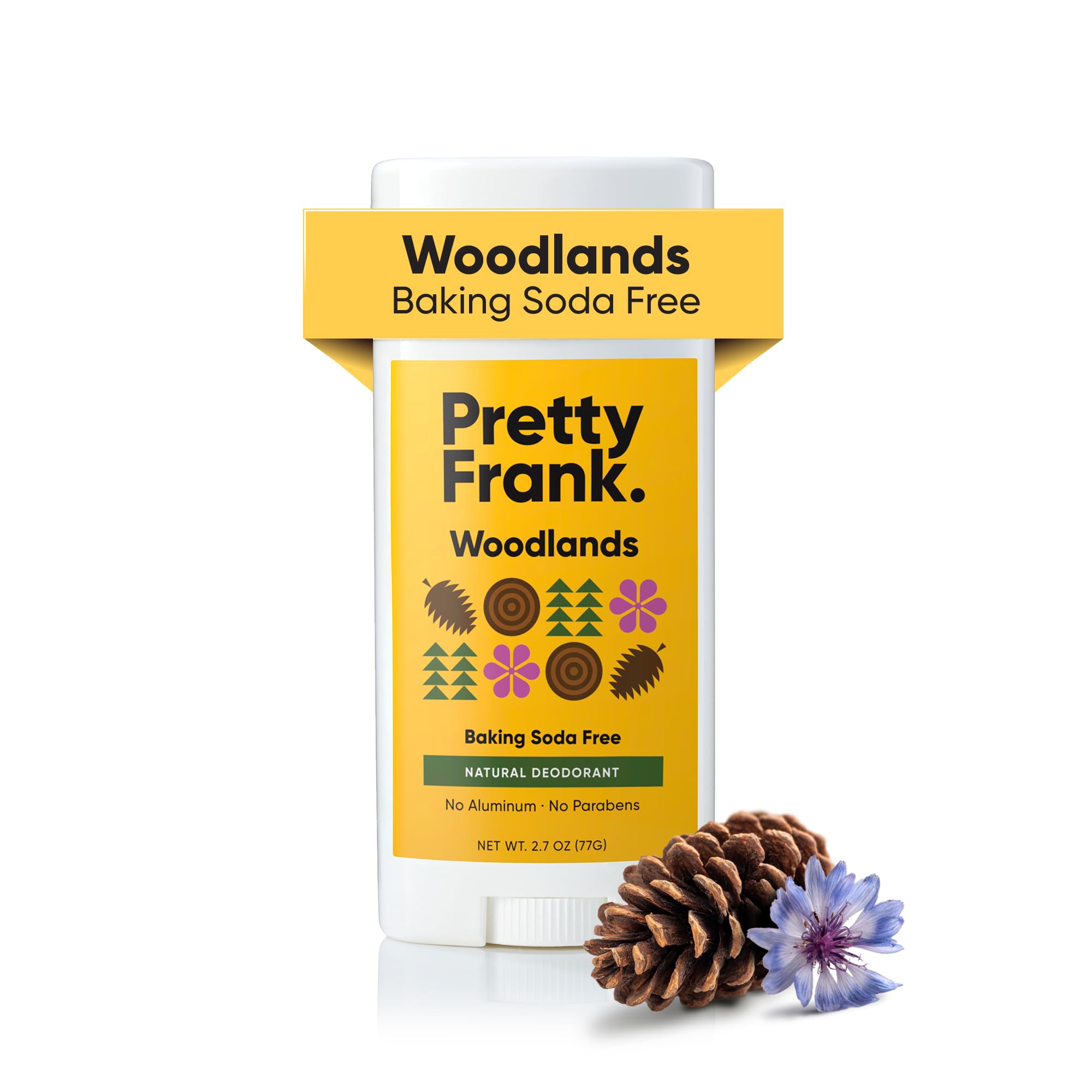 Pretty Frank Woodlands deodorant stick close-up showing aluminum-free formula