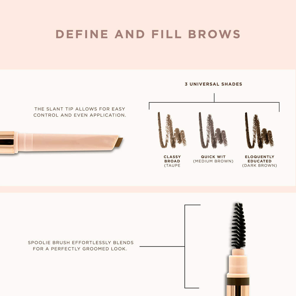 Pretty Vulgar Brow Pencil packaging highlights easy-twist mechanism for quick shaping.