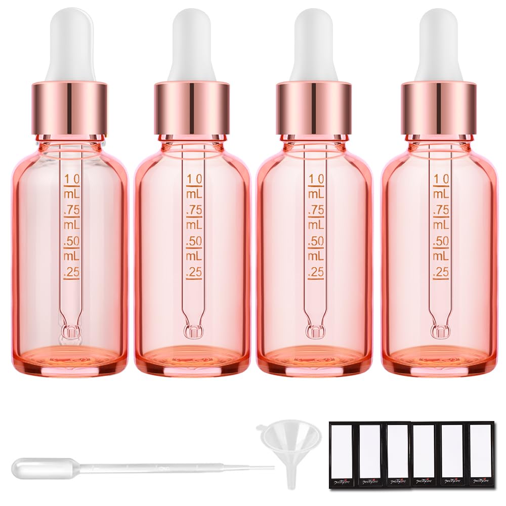 PrettyCare rose glass bottle with droppers for precise essential oil dosing.