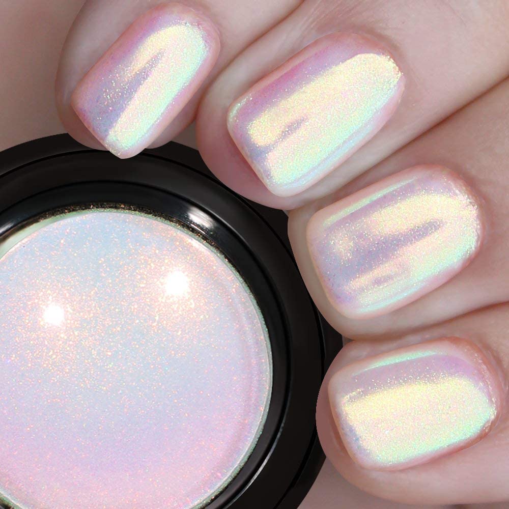 Pretty Diva Aurora Chrome powder jar shows mermaid iridescence for standout nails.