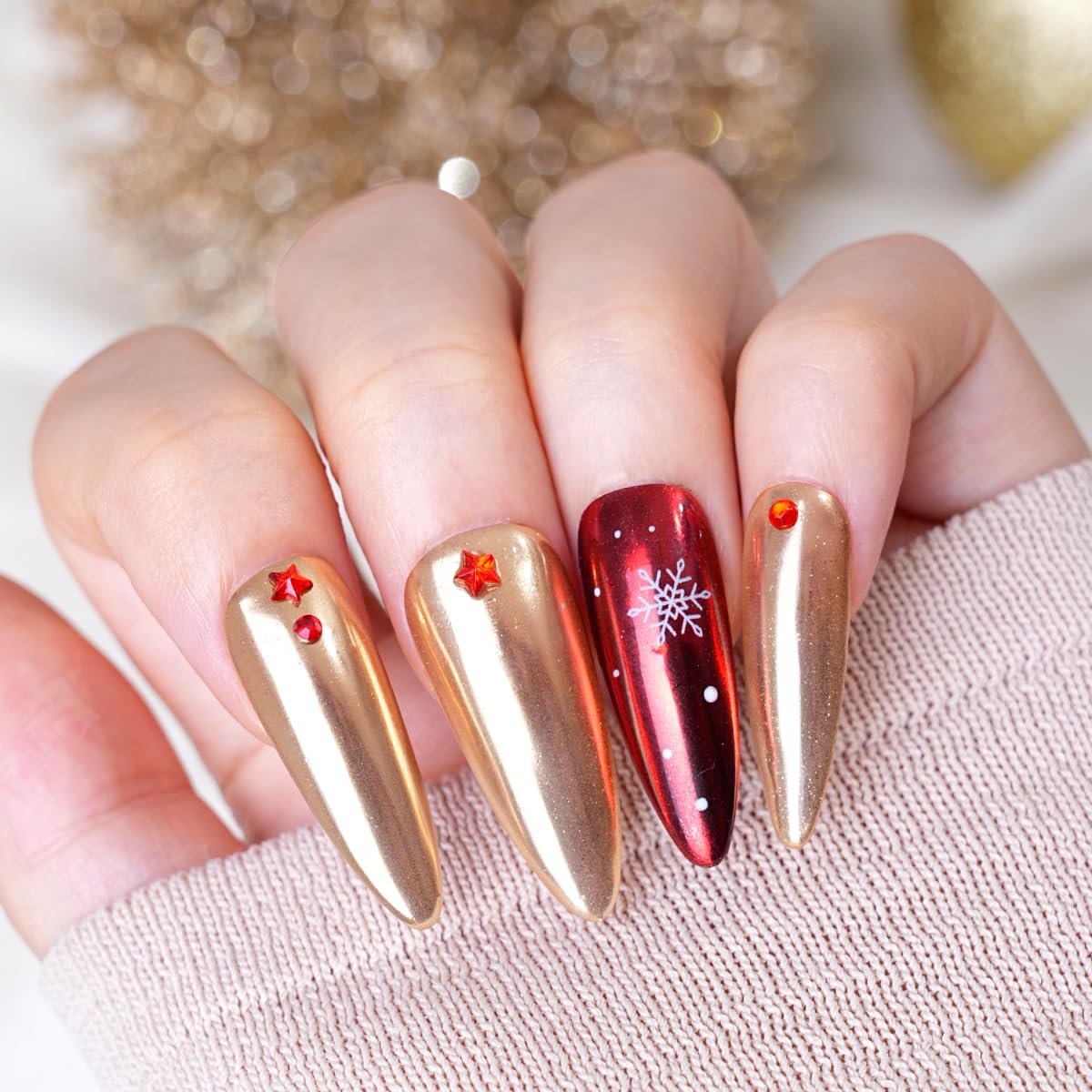 PrettyDiva champagne gold chrome powder finish on nails adds versatile shine.