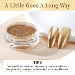 PrettyDiva champagne gold chrome powder on nail demonstrates mirror effect.